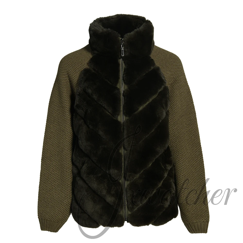 معطف نسائي من الفرو الحقيقي من Jxwatcher بأكمام محبوكة سترة من فراء الأرانب الطبيعي 2025 تصميم جديد لشتاء معاطف فرو دافئة للسيدات