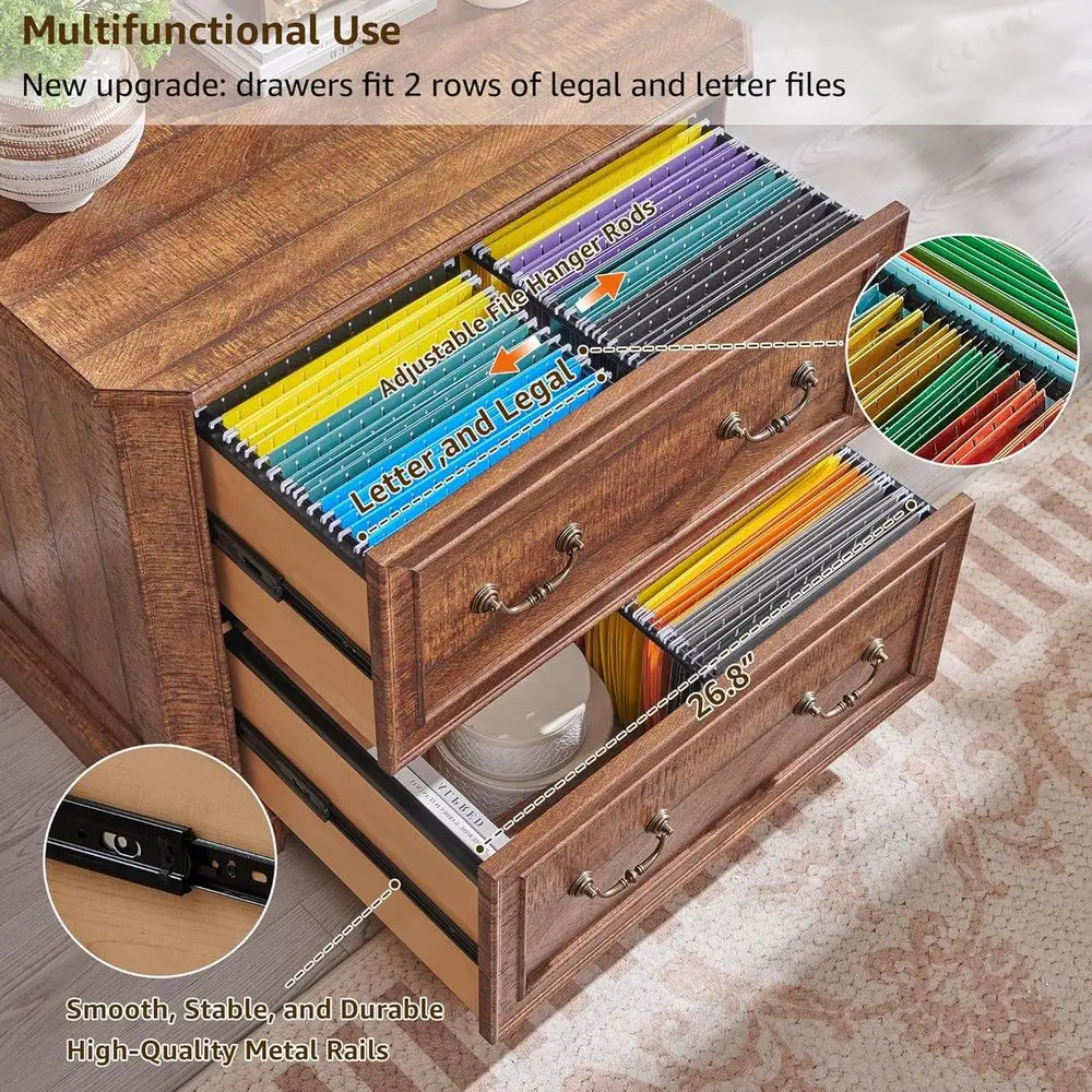 Large 2-Door Wooden Lateral Filing Cabinet with Smooth Rails, Letter/Legal File Storage, Brown Home Office Furniture
