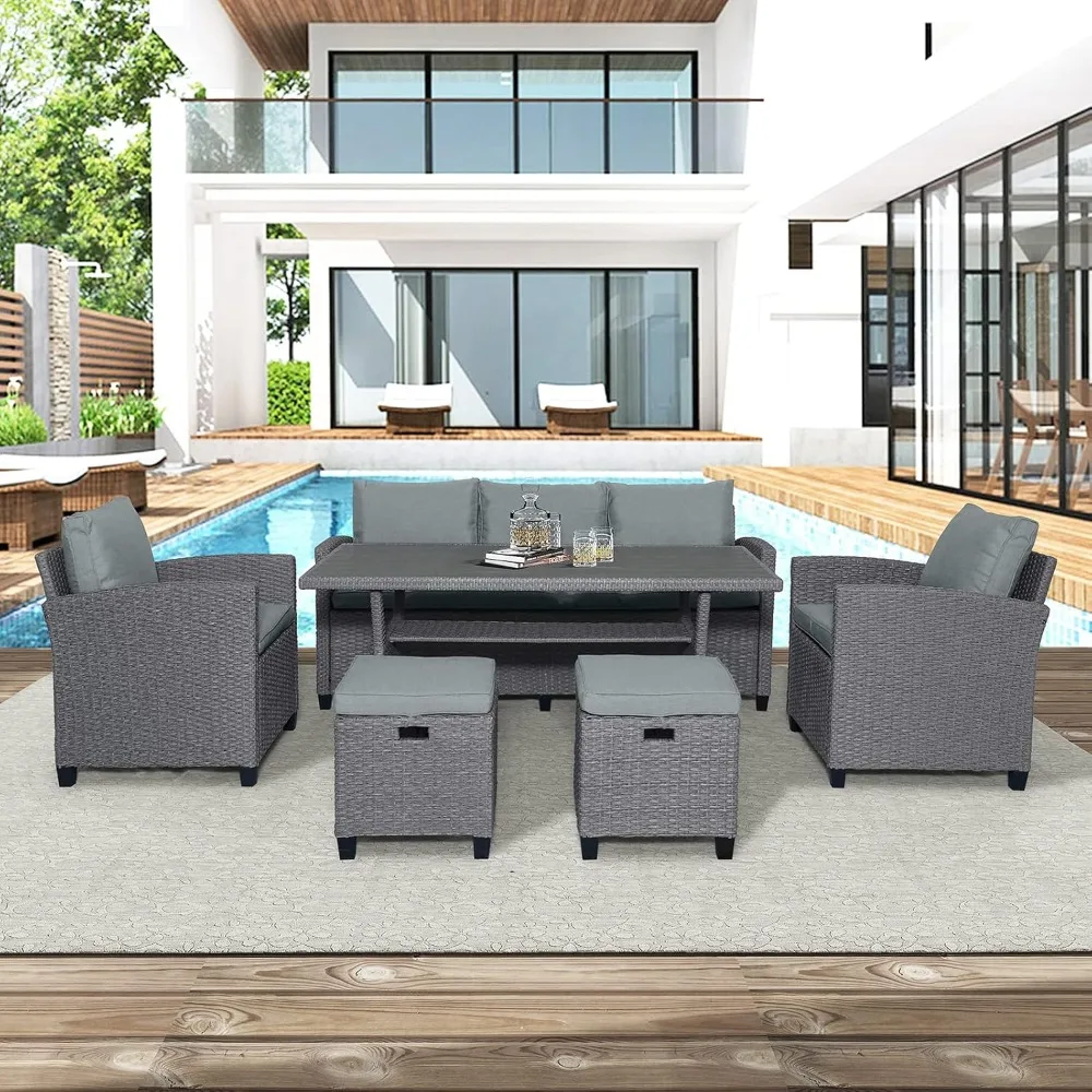 6-piece outdoor patio rattan furniture set, sofa set with cushions, outdoor sectional sofa set with chairs, stools and table