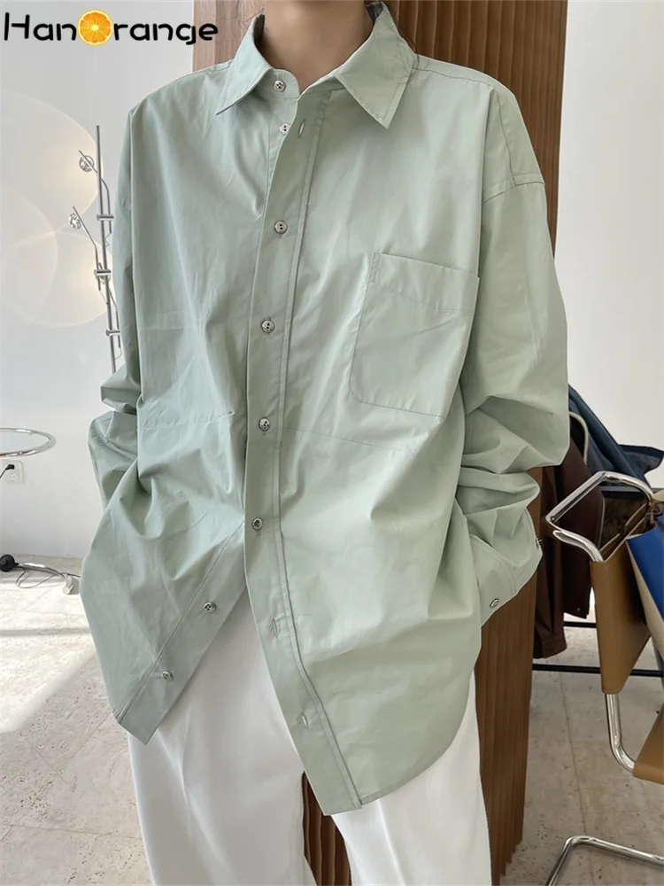 HanOrange 2024 Spring Simple Cotton Silhouette White Shirt Women Casual Loose Comfortable Top Metallic Button White/Bean Green