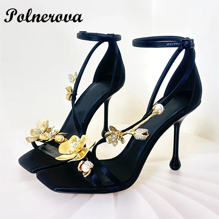 

Metal Flower Decorative High Heels for Women Flower Fashion Square Head High Heels Open Toe Rhinestone Sandals for Women New