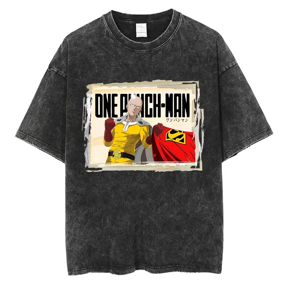 Washed Vintage Anime One Punch Man Saitama Funny Meme Graphic T-shirt Men Casual Oversized T-shirts Male Cartoon Manga T Shirts
