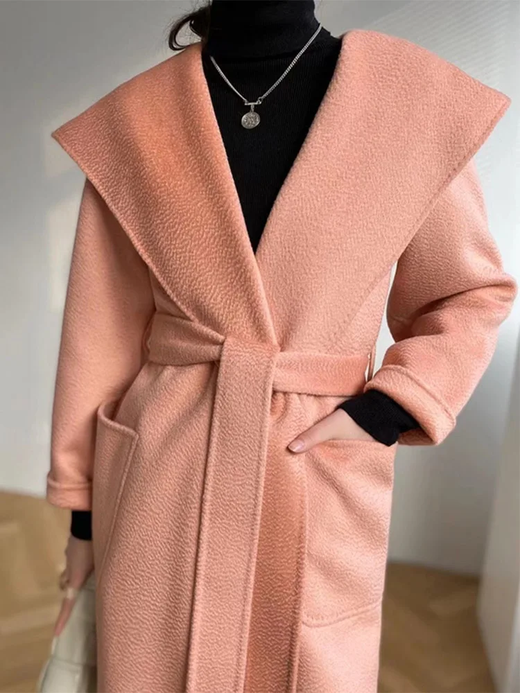 

New Women Water Ripple Double-sided Woolen Coat Hooded Female Causal Loose Bathrobe 100% Wool Mid-length Jacket Spring Autumn