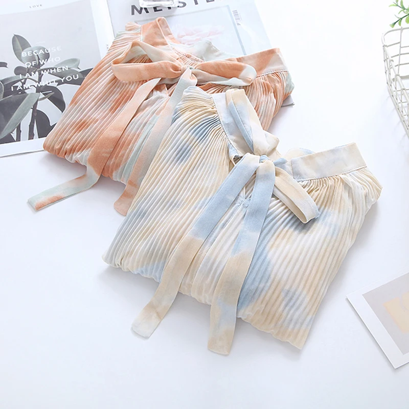 Bow Tie Collar Chiffon Women Blouse 2023 Fashion Tie-dyed Pressed Pleat Long Sleeve Shirt Elegant Loose Casual Tops Mujer 29343