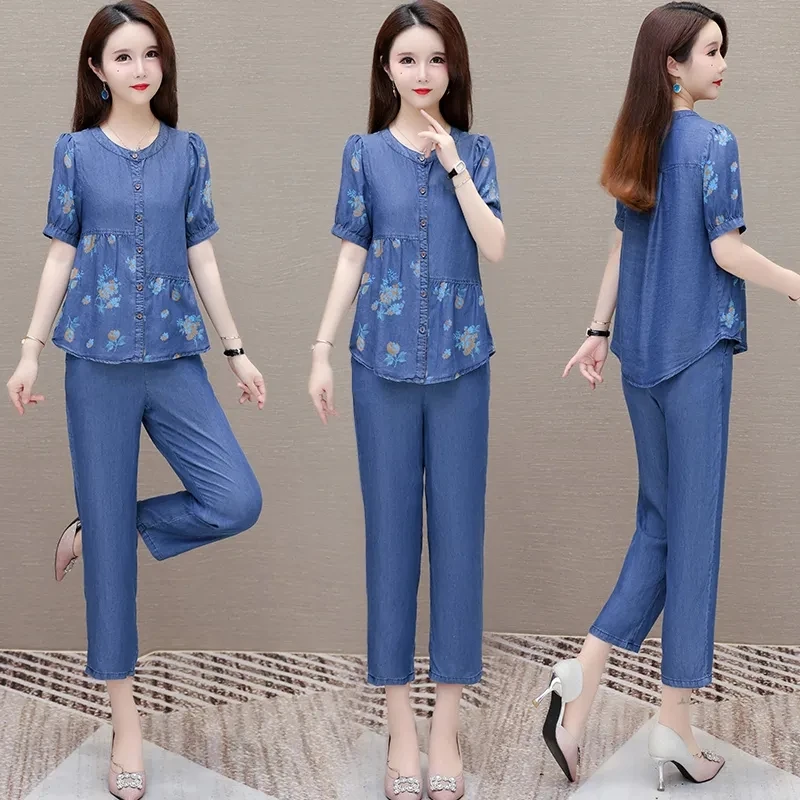 High End Denim Casual Suit Women 2024 Summer Thin Print Short Sleeved Single Breasted Top+ Cropped Pants 2PCS Set Female 4XL