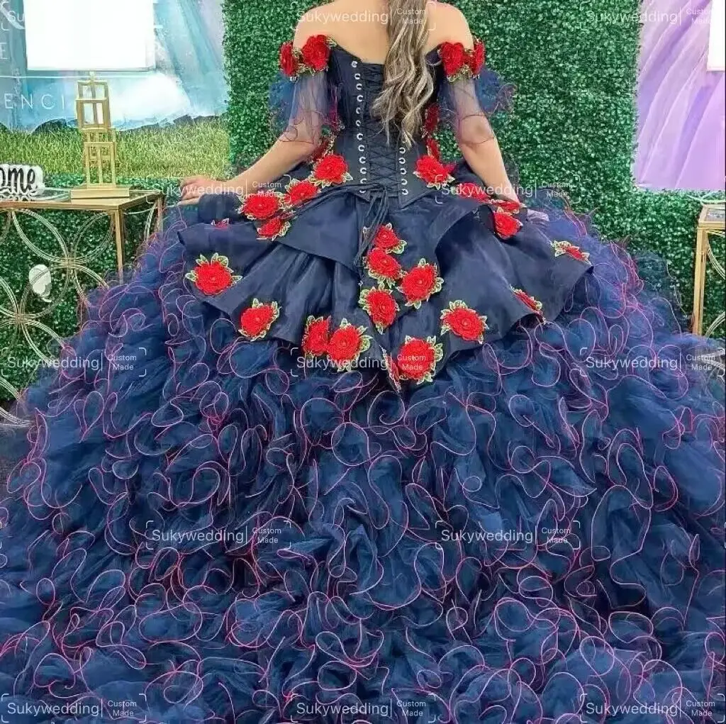 Темно-синие платья Quinceanera с открытыми плечами и аппликацией с цветами, многоуровневые бальные платья со шлейфом, Vestido de 15 Anos по индивидуальному заказу