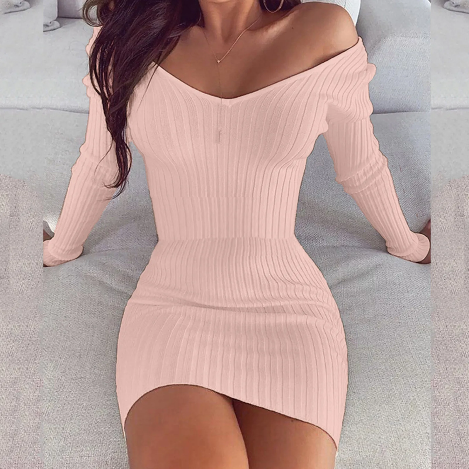 

New Autumn Winter Women Dress Sexy V-Neck Club Dresses Vestidos Temperament Solid Color Slim Mini Party Dress платье женское