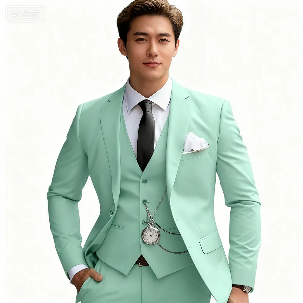 

Elegant Mint Green 3 Piece Men's Slim Fit Business Suit Notch Lapel Tuxedo Blazer Vest Pants Set for Wedding Party Prom Groom