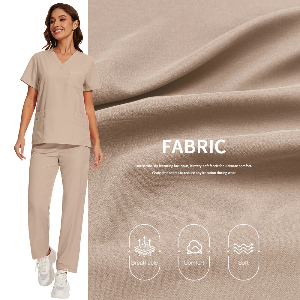 Roupas para sala de operação de enfermagem, uniforme médico para mulheres, enfermeira, conjunto de bolso, top + calças, 2 peças, roupa de trabalho para salão de beleza