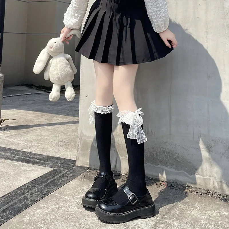 

Новые милые гольфы в стиле JK Lolita для девочек, японские готические кружевные гольфы с бантом до колена, длинные носки, женское белье, однотонные гольфы с рюшами для девочек