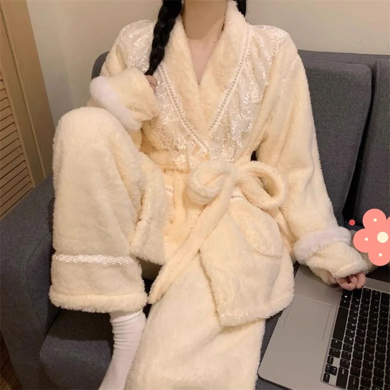 

Женские пижамы из кораллового флиса, осень-зима, удобная одежда для сна, новая модель, кружевная хлопковая пижама с v-образным вырезом, костюм с длинными рукавами, домашняя одежда