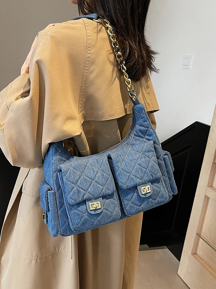 

Faionable Multi-ket Denim Chain Tote Bag Women's Single oulder Crossbody Bag Spring Summer Casual Handbag ZATZ Brand