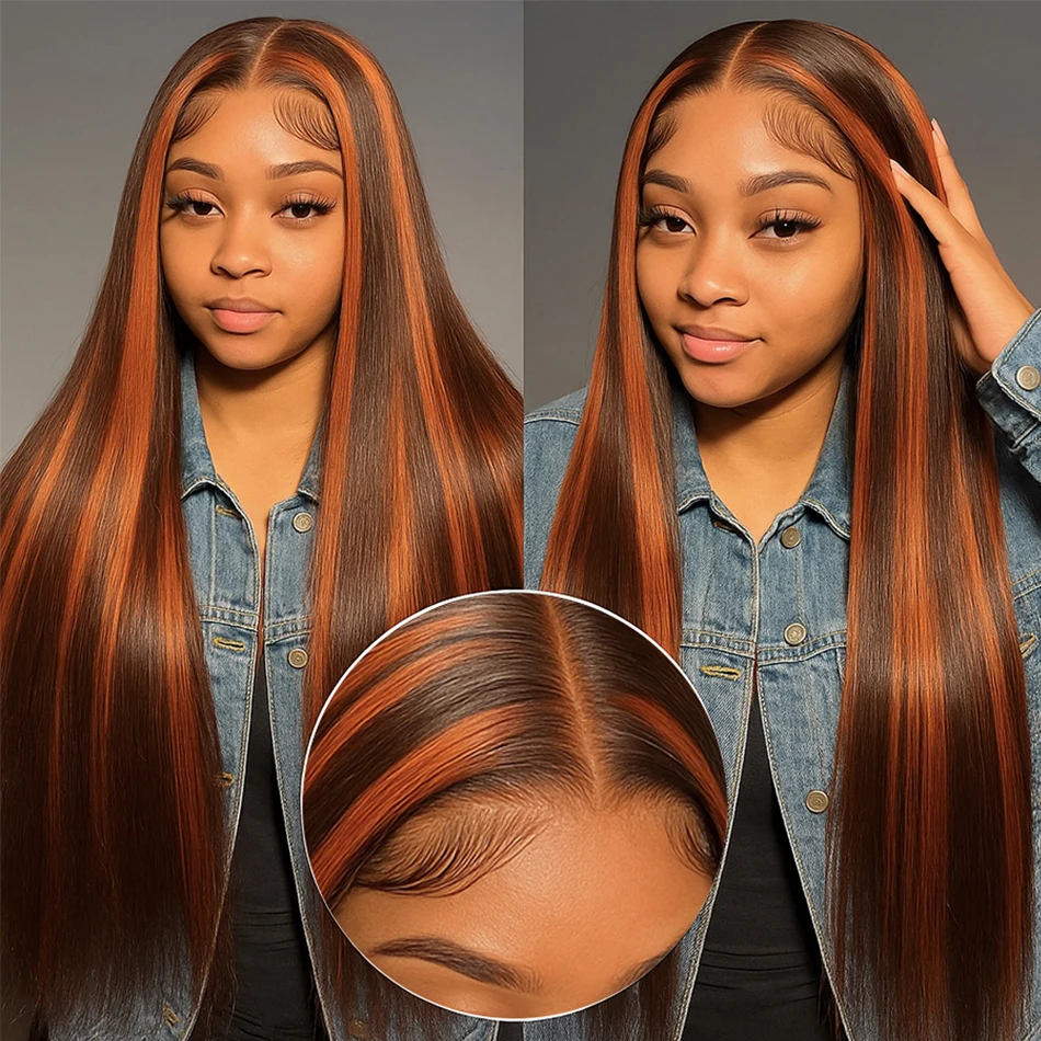 # 4/350 omber gengibre com destaque marrom sem cola osso reto usar e ir peruca 30 Polegada 5x5 brasileiro pré-arrancado peruca de cabelo humano