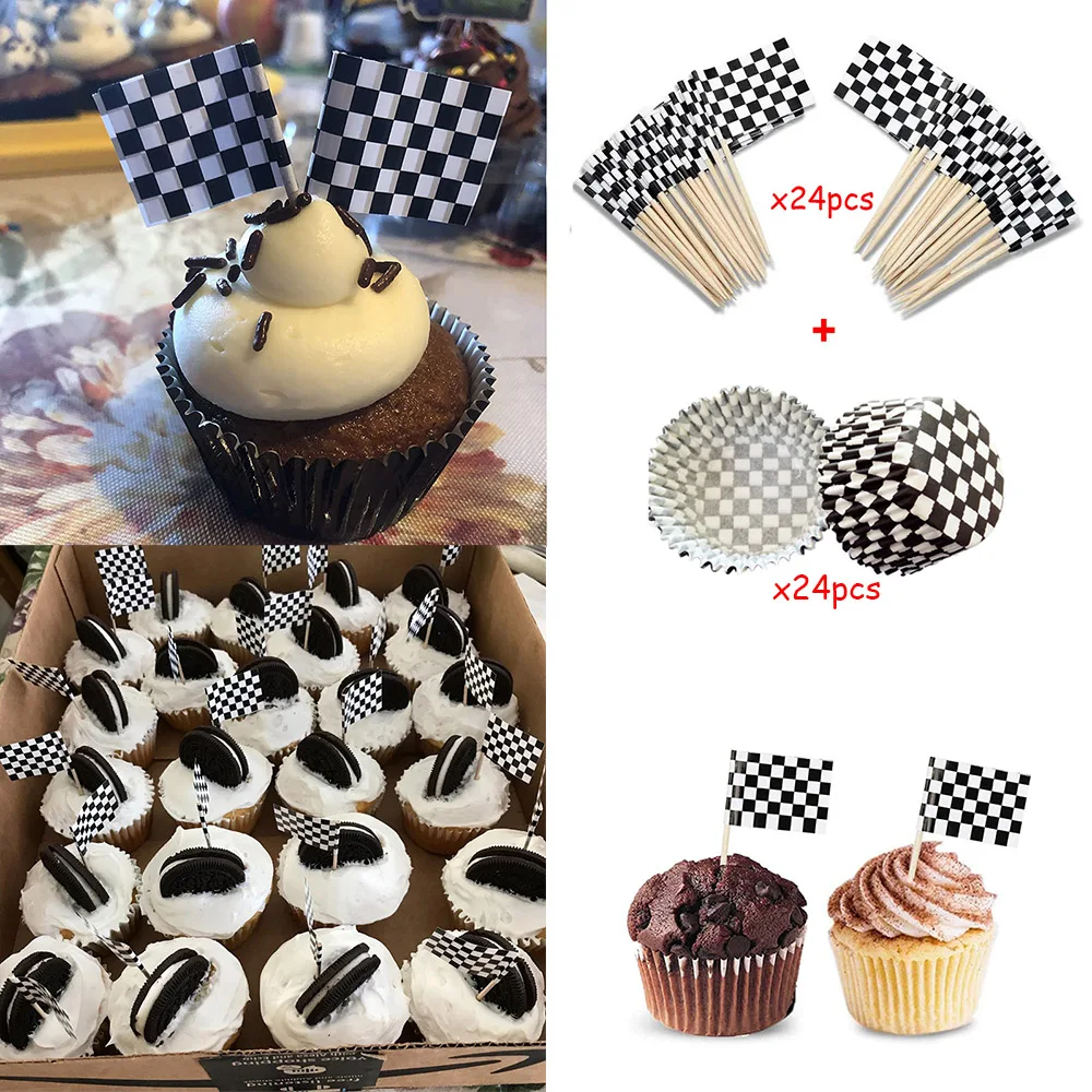 Triangolo a scacchi bandiera appesa tovaglia in bianco e nero auto da corsa vassoi per alimenti da corsa Cake Topper Car Flag Boys Birthday Decors