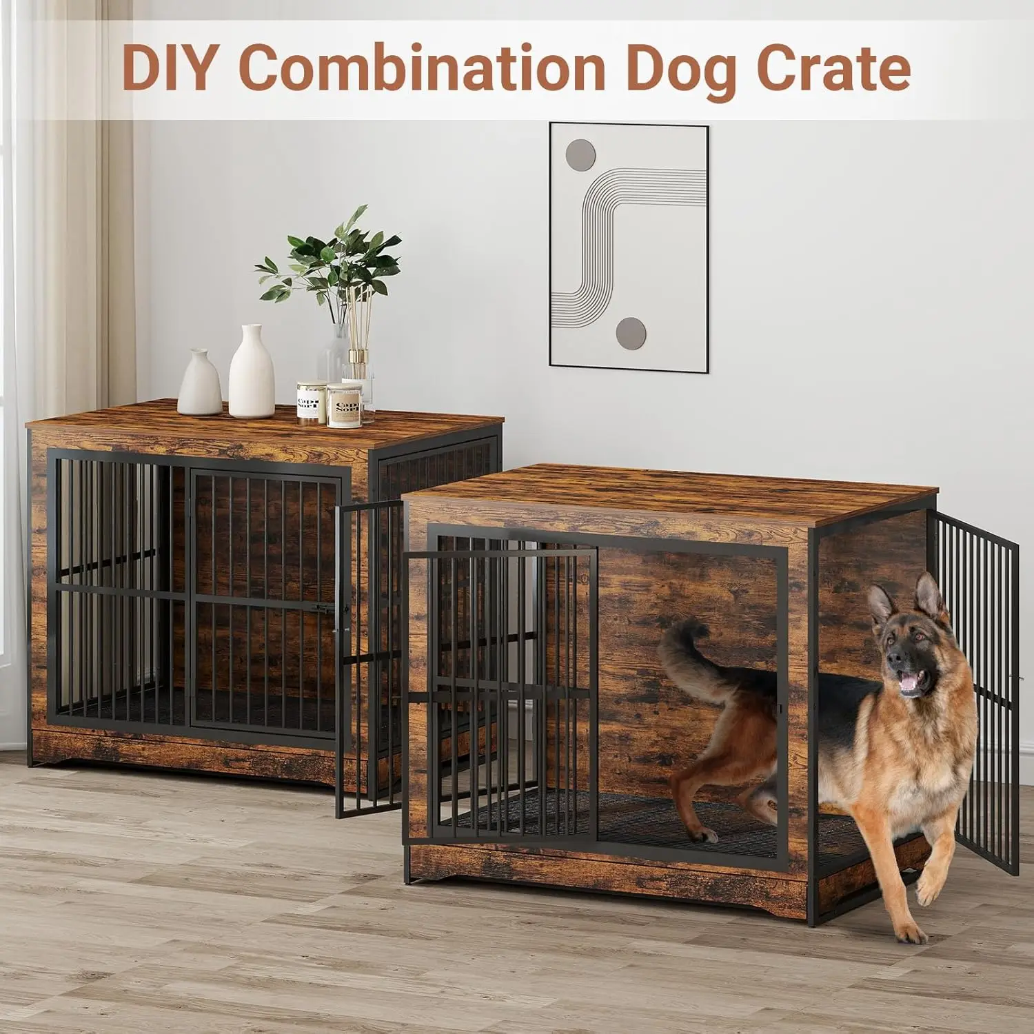 86 Inch DIY Double Dog Crate Furniture, 4 Combination Forms Large Dog Kennel Furniture with Divider and Trays, for 2 Dogs