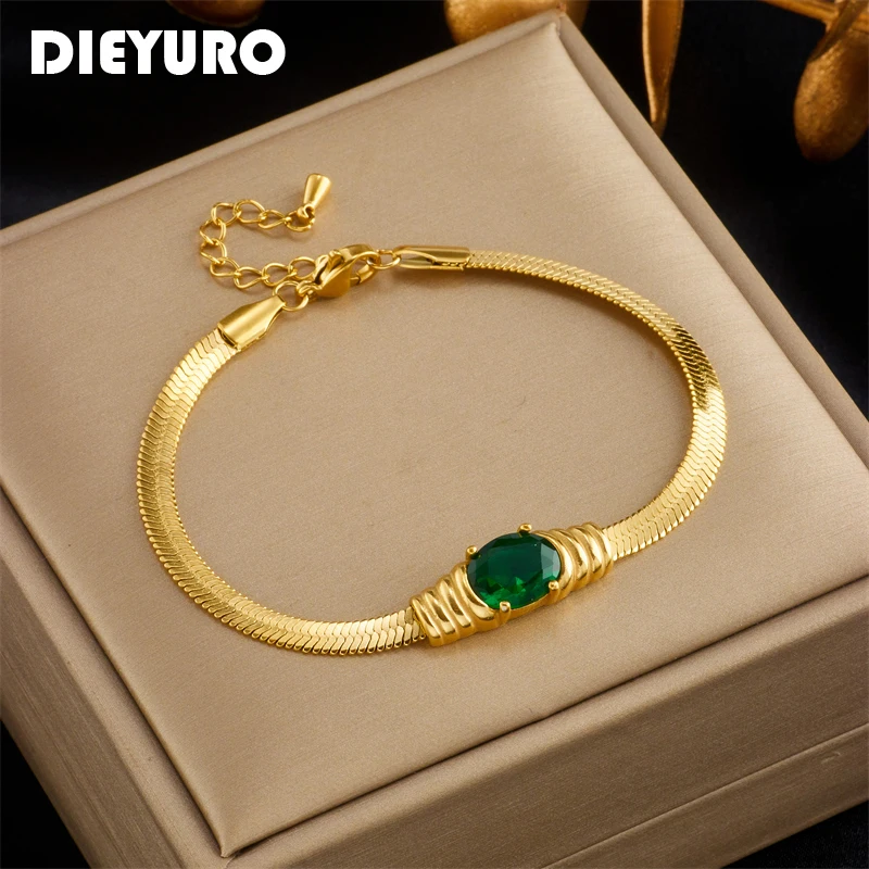 

DIEYURO 316L Stainless Steel Oval Green White Zircon Charm Bracelet For Women Girl New Trend Wrist Chain Bangles Jewelry Gift