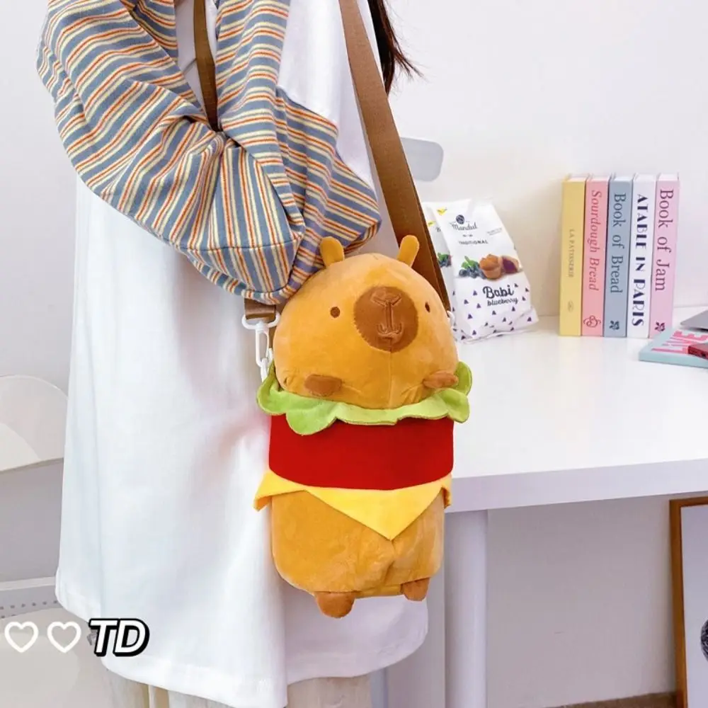 Bolsa de felpa de hamburguesa y capibara con animales japoneses, muñeca de peluche, bolso de hombro portátil de dibujos animados, bolso cruzado suave y bonito para estudiantes, bolso de viaje