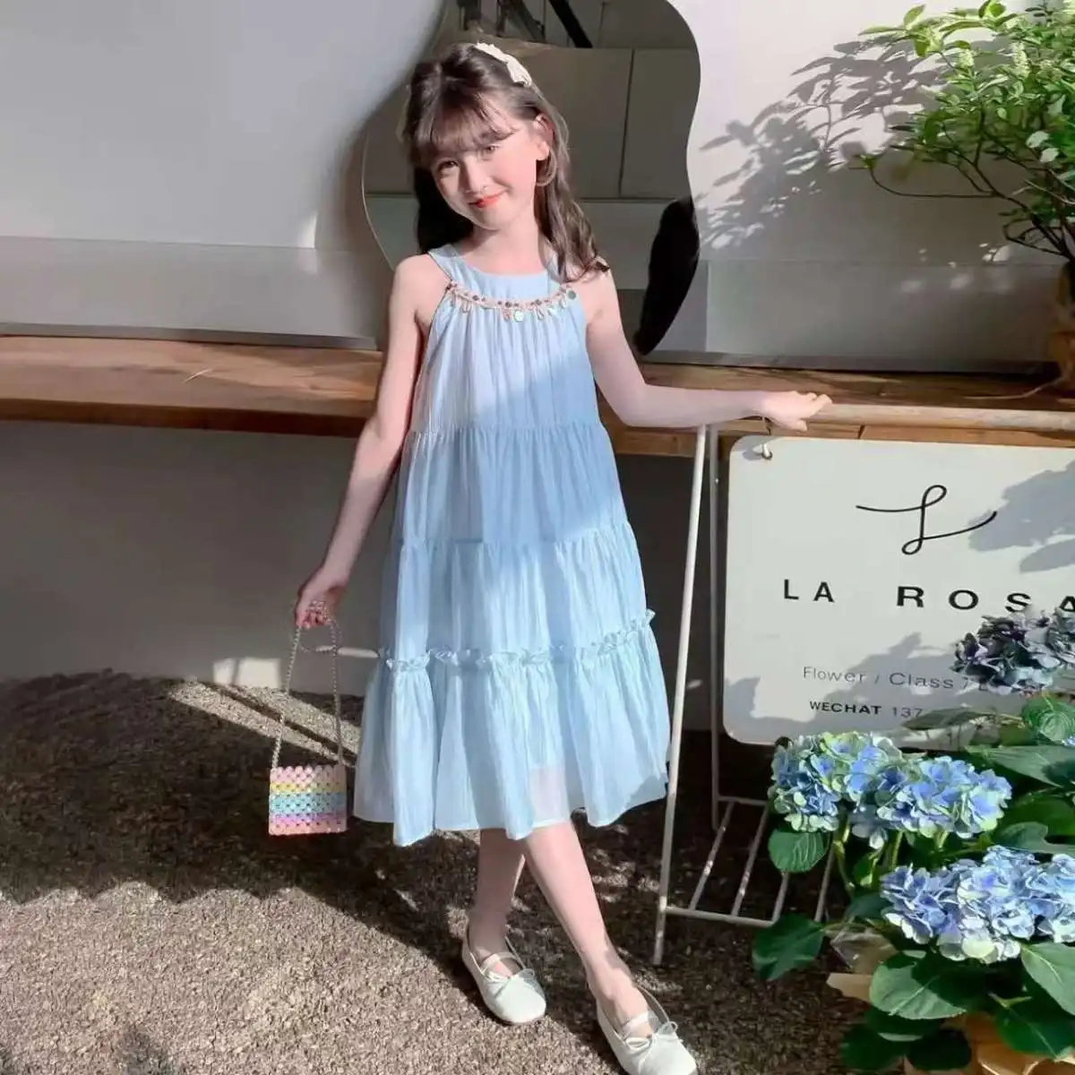 2026 new summer kid baby party princess Girls halter Teenager slip dress light blue LAYERED 4 5 6 7 8 9 10 11 12 13 14 Years