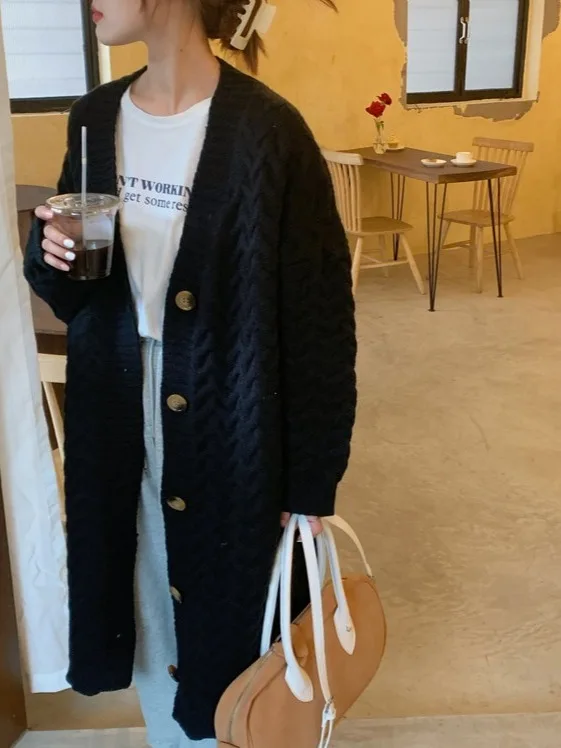 

Осень-зима Thiened вязаный открытый кардиган женский миди длиной выше колена свободный свитер с v-образным вырезом Bla пальто в стиле ретро