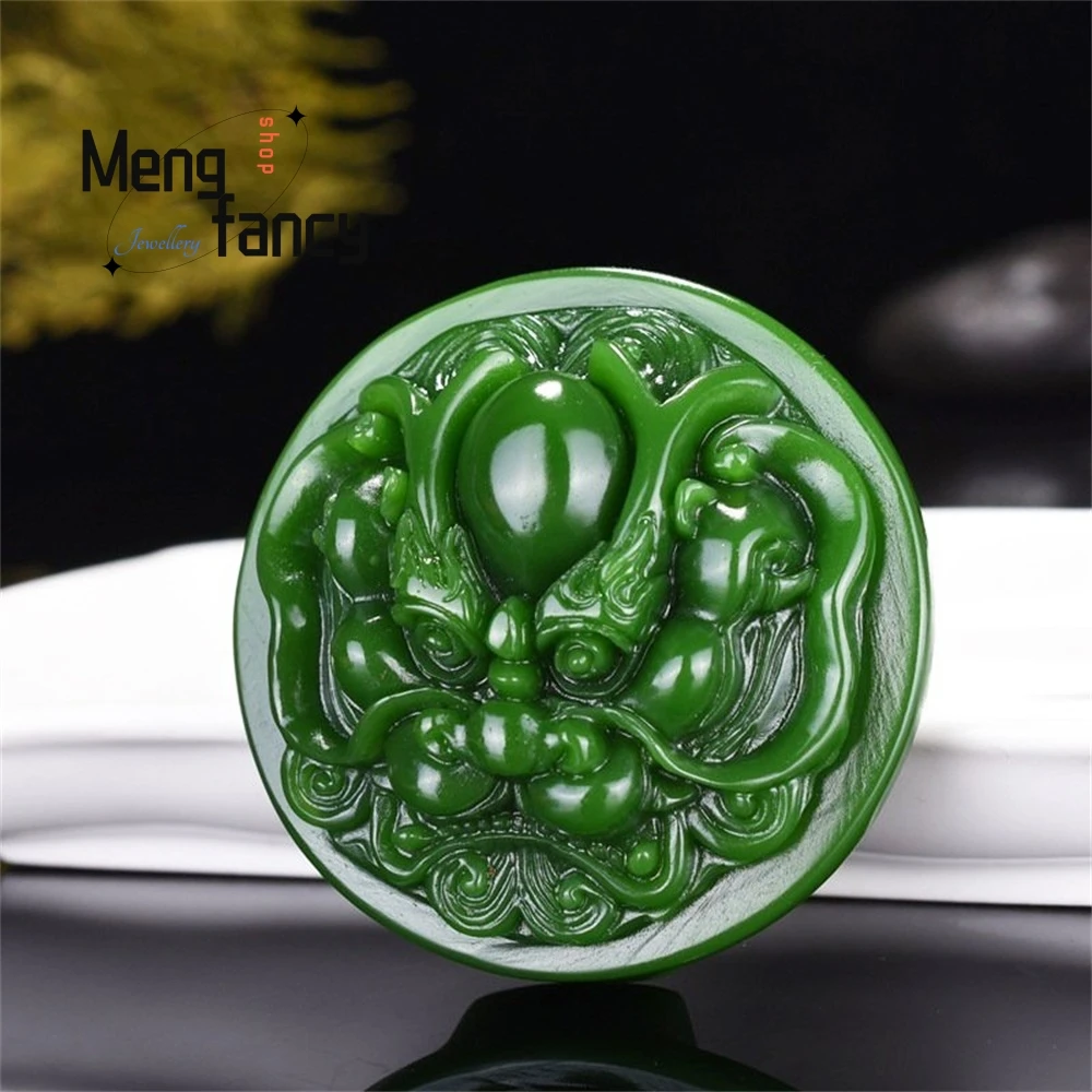 Premium Natural Spinach Green Jade Traditional Auspicious Beast Carving Pixiu Dragon Wolf Eagle Carved Waist Buckle Holiday Gift