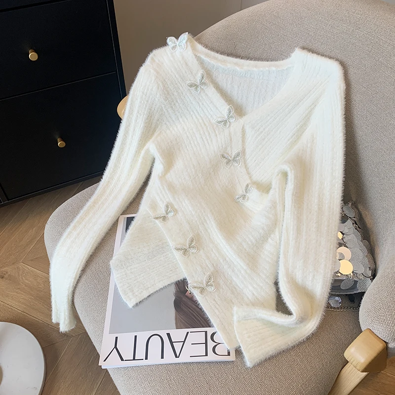 Fashion Slim V-Neck Knitted Sweater For Women Autumn Winter Butterfly Solid Long Sleeved Pullover 2024 New Irregular Short Tops