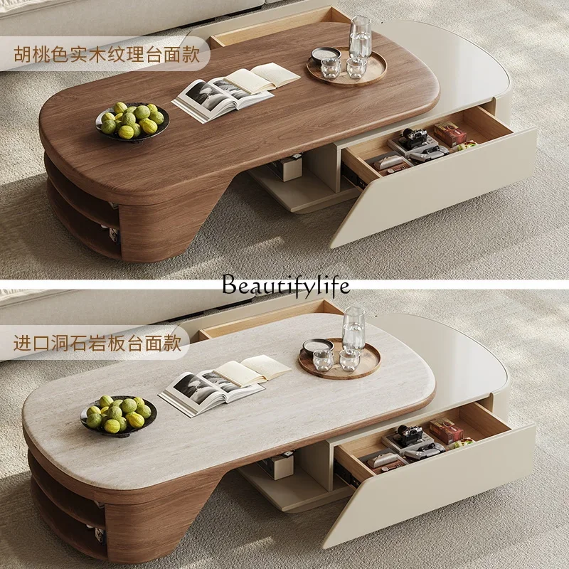 

yj5 Travertine Stone Plate Coffee Table Retractable 2025 New Style Medieval Style Living Room Multi-functional Tea Table