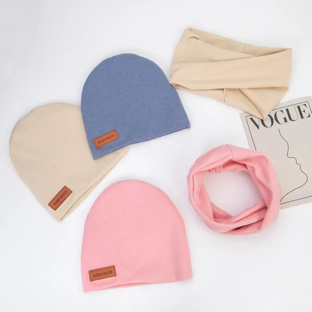2Pcs/Lot Outdoor Faux Cashmere Turban Hat Scarf Set Leather Stick Double Layers Newborn Caps Warm Soft Bonnets Newborn Use