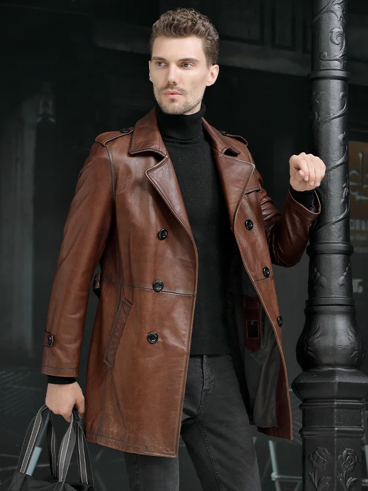 Oil Wax Brown Sheepskin Long Premium Coat Men\'s Autumn and Winter New Double Breasted Genuine Leather Windbreaker Jacket Men 6XL