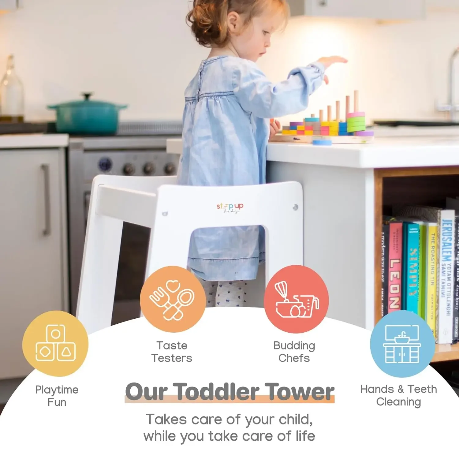 Baby Award-Winning Adjustable Wooden Toddler Tower | Safe and Sturdy Step Stool Fits Under Kitchen Counters | Standing Tower wit