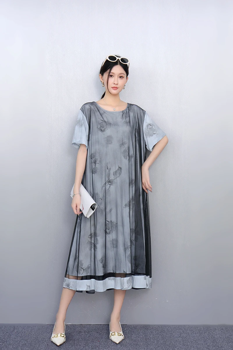 

2025 Summer Fashion Printed O-Neck Loose Long Dresses Women Short Sleeve Dress Ladies Wholesale J1119
