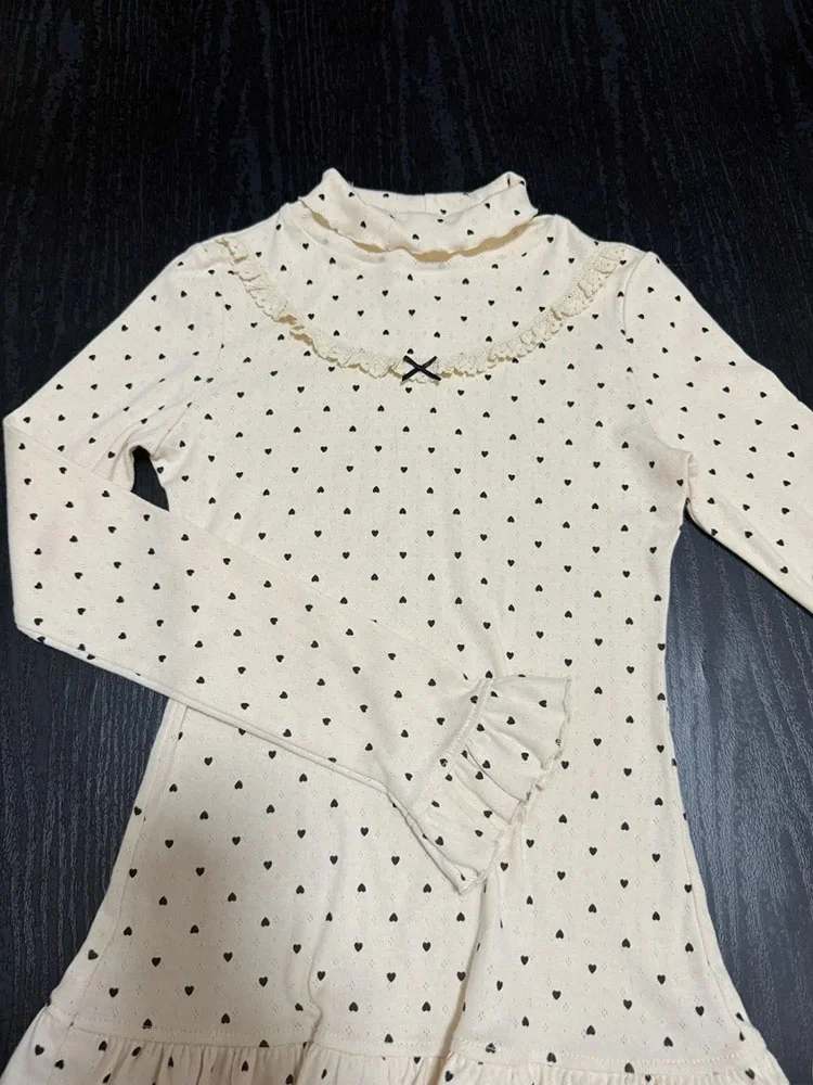 Cute School Style Polka Dot Halter Neck Base Shirt Two Piece Set Women's Pink Top with Bow Tie Long Sleeve Straight Cut Tshirt