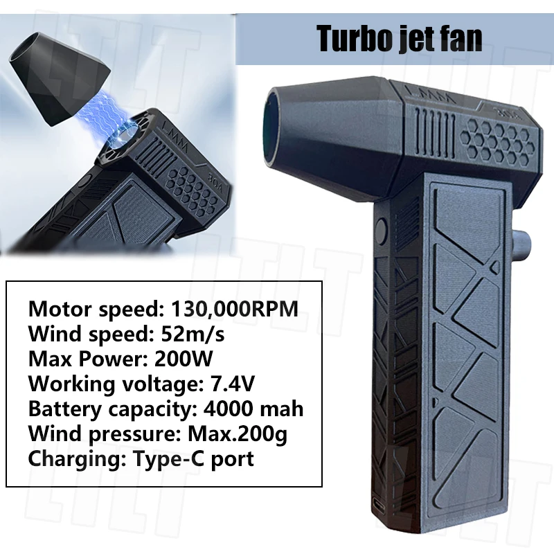 

Mini Turbo Jet Fan 130000RPM 52m/s Type-C Rechargeable Brushless Motor Hair Dryer Powerful Air Blower With High Speed Duct Fan