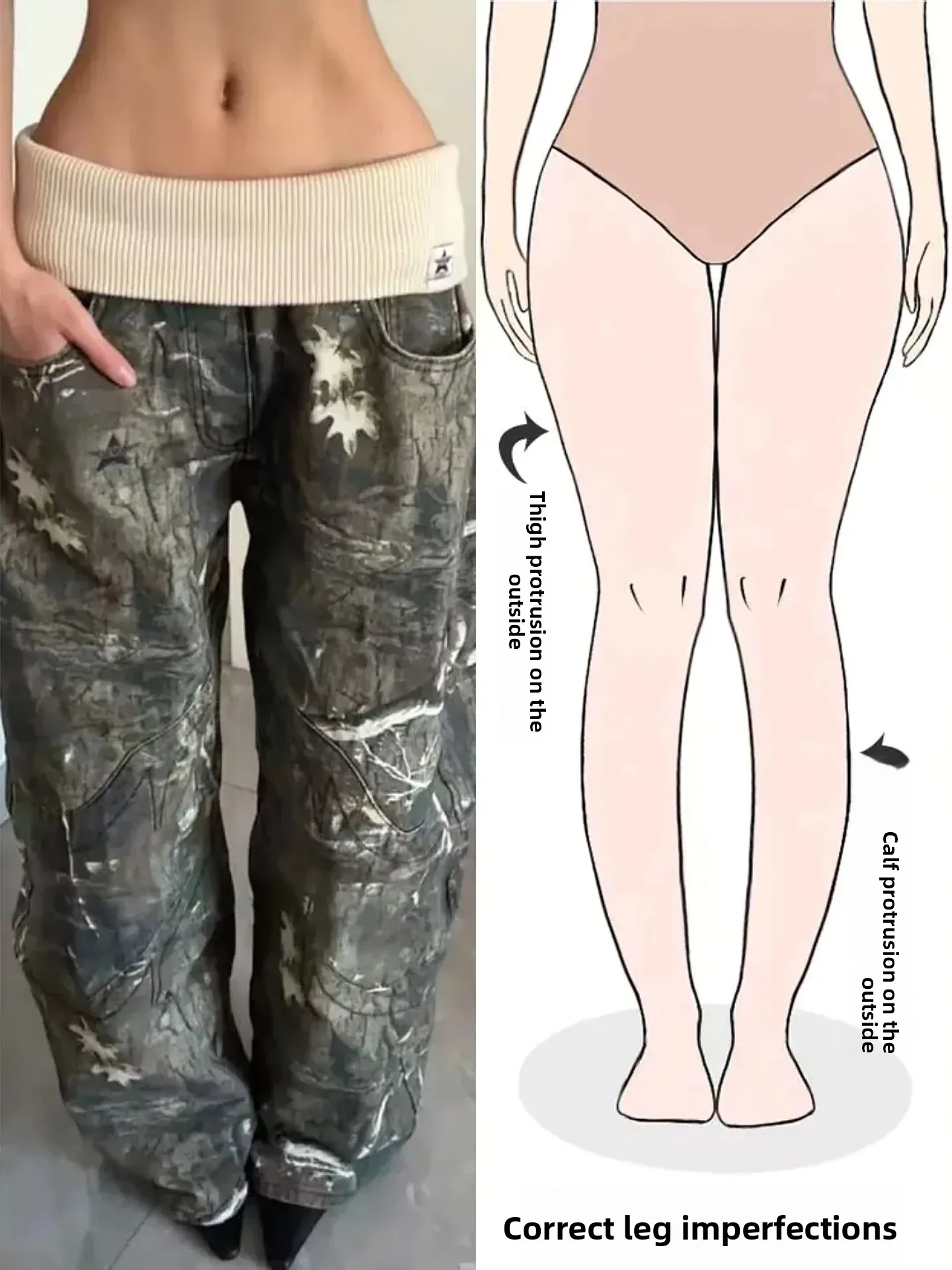 

Retro American Camouflage Denim Pants Women's Loose Wide Leg Trousers Spring New Waist Splicing Design Sense Casual Jeans