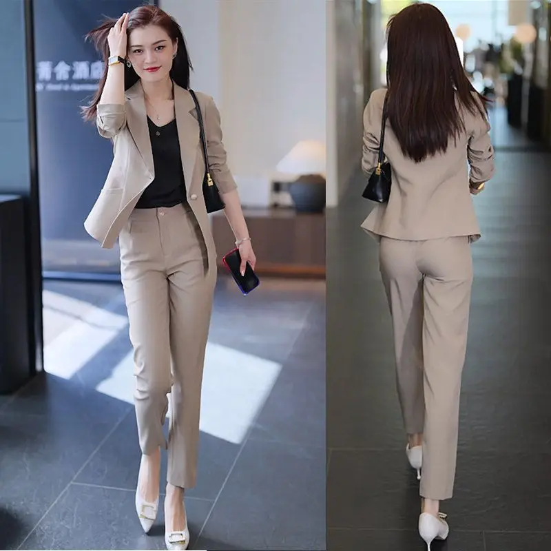 Women Spring Autumn Blazer Pants Two Piece Set Korean Office Lady Graceful Solid Suit Jacket Trousers Outfits Workwear Female