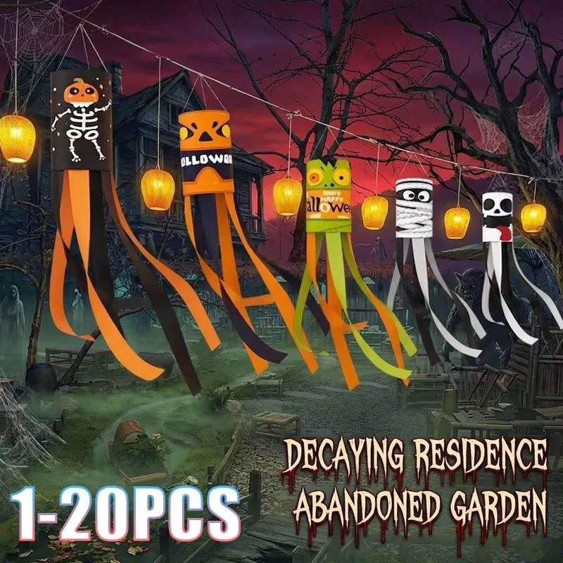 1-20PCS Halloween Ghost Windsock Flag Hanging Decoration Spooky Wind Sock for Yard Haunted House Party  Festival Outdoor Prop