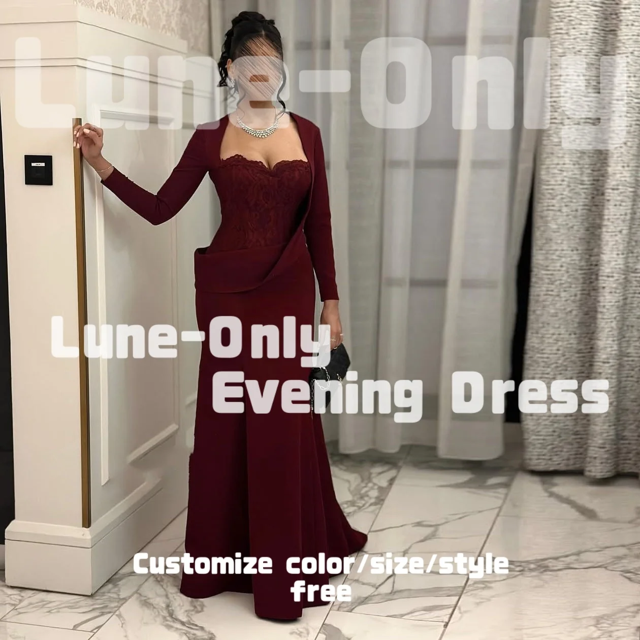 カスタマイズされたバーガンディレースマーメイド長袖イブニングドレス恋人ネックバックレスエレガントパーティードレスウエディングフォーマルドレス