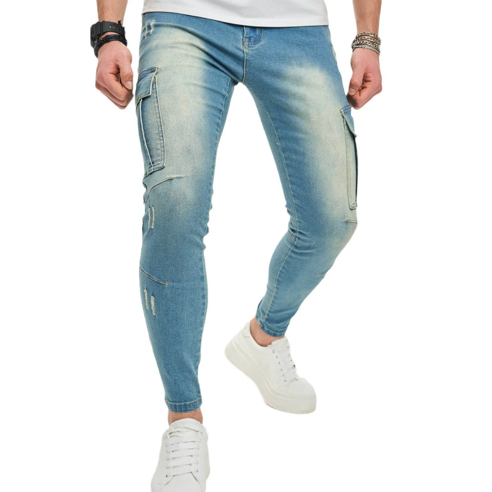 Washed Worn Out Workwear Jeans For Men's Versatile Slimming And Slim Fitting Elastic Motorcycle Leggings Bedroom