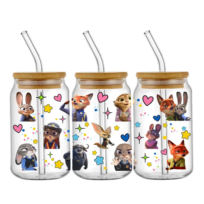 Zootopia أرنب الثعلب الشرطة نمط الأشعة فوق البنفسجية DTF نقل ملصق مقاوم للماء نقل الشارات لملصقات التفاف كوب زجاجي 16oz