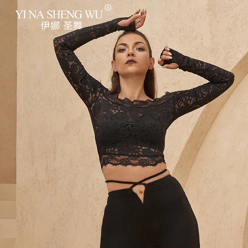 

Топы для латинских танцев для взрослых и женщин, кружевной топ с длинными рукавами и плоскими плечами, ажурный топ, танцевальный костюм, национальный стандарт, тренировочный топ