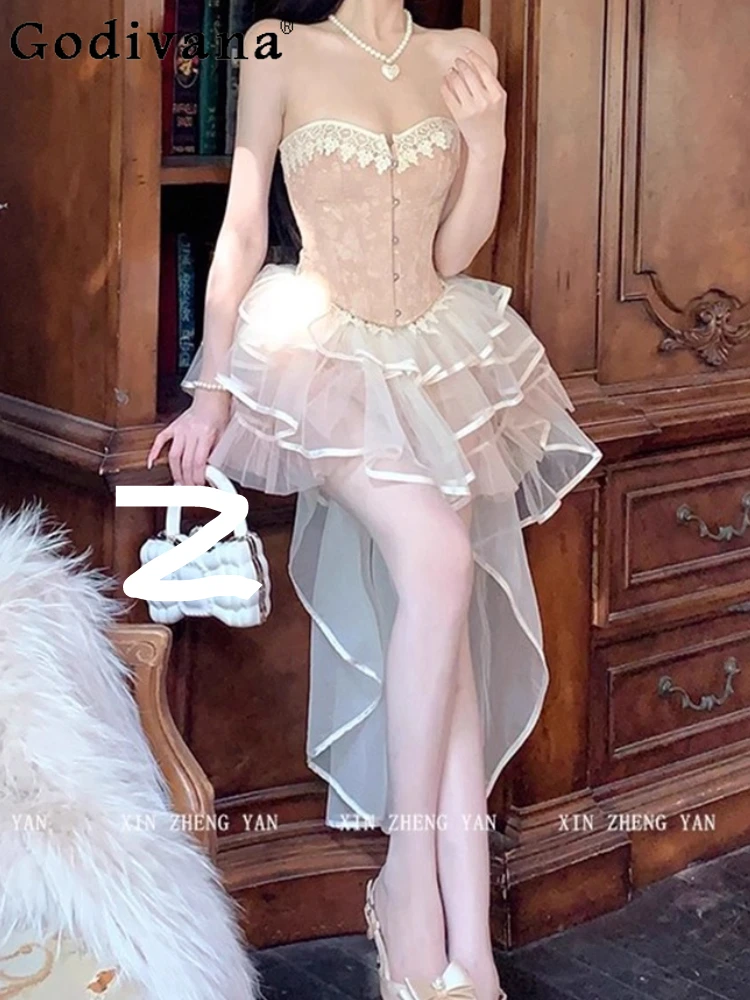 

Temperament French Lolita Elegant Lace Fishbone Strapless Top Women Spring Autumn Gauze Long Tail Party Princess Cake Skirt