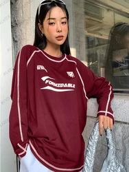 2025 Spring Autumn New Letter Print T-Shirt For Women Fashion O-Neck Long Sleeve Sports Football Jersey Y2K Loose Oversized Tops