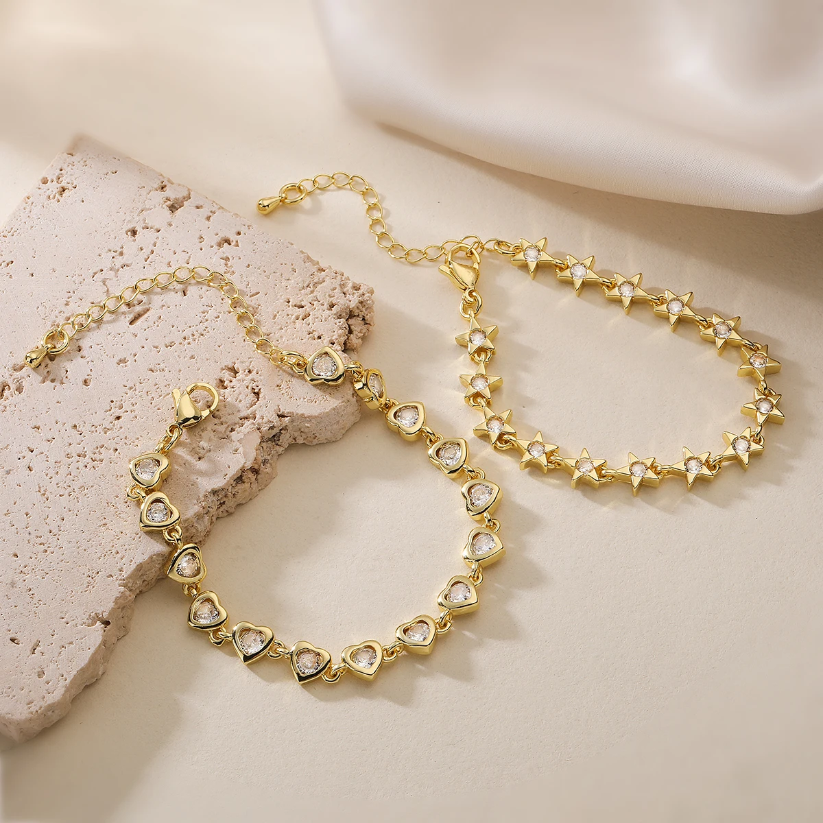 2026 New Fashion Gold Color Heart/Star Link Chain Bracelets For Elegant Women Colourful AAA CZ Inlay Copper Wedding Jewelry