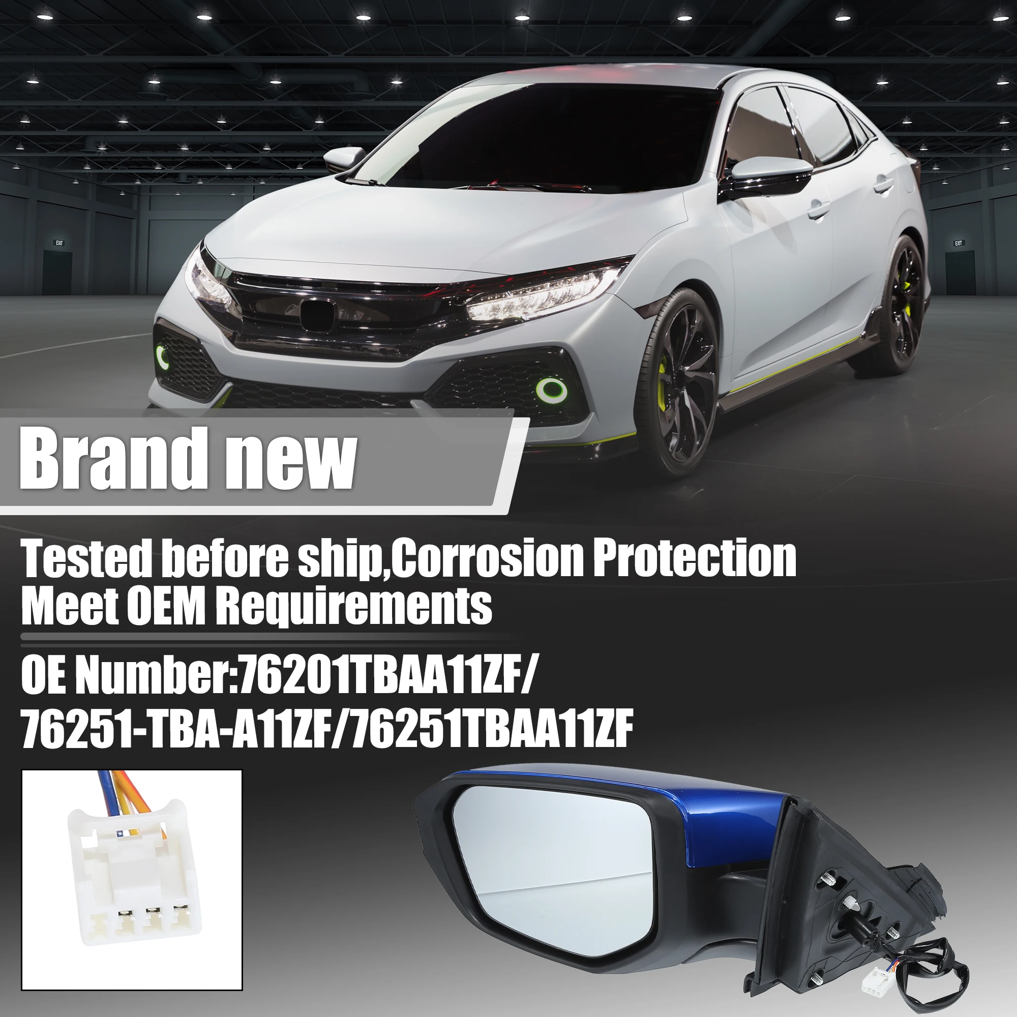 

UXCELL 3-контактное зеркало левой стороны водителя в сборе, синее для Honda Civic 2016-2021