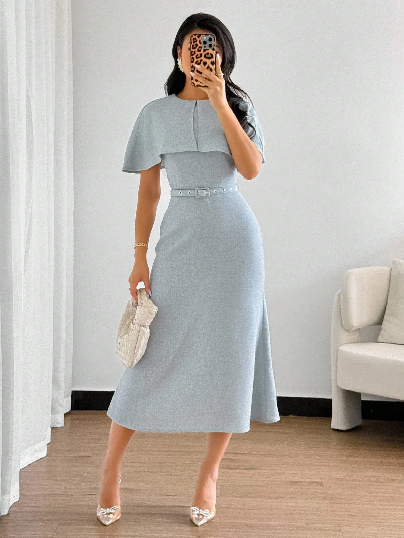 

Women's Dusty Blue Belted Midi Dress with Cape Sleeve and Fitted Waist