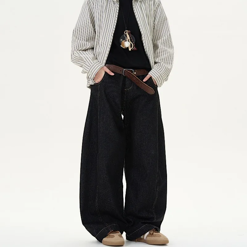 Men Black Denim Jeans Loose Wide Leg Pants American High‑Street Casual Streetwear Trousers Men Jeans