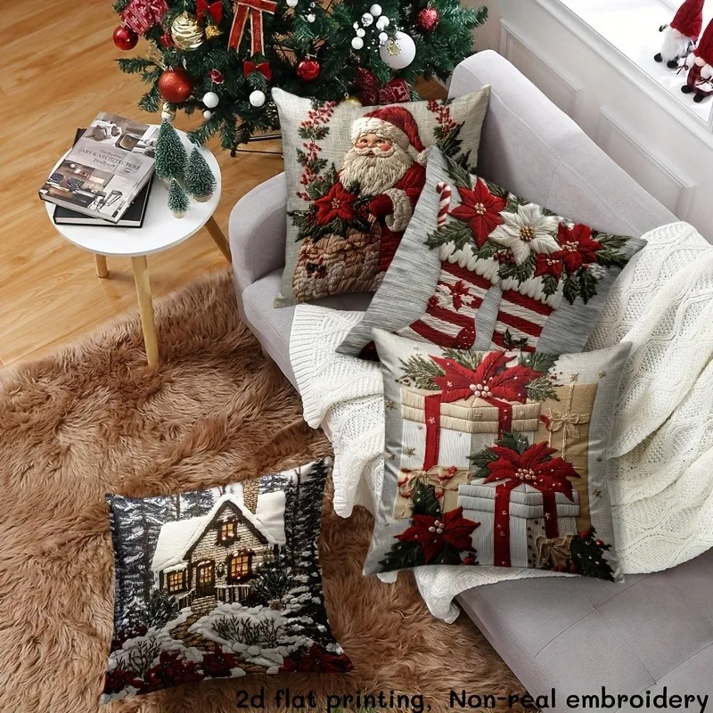 Christmas pillowcases: hut in the snow, gifts, Christmas socks and Santa Claus pattern New Year home decoration 2d flat printing