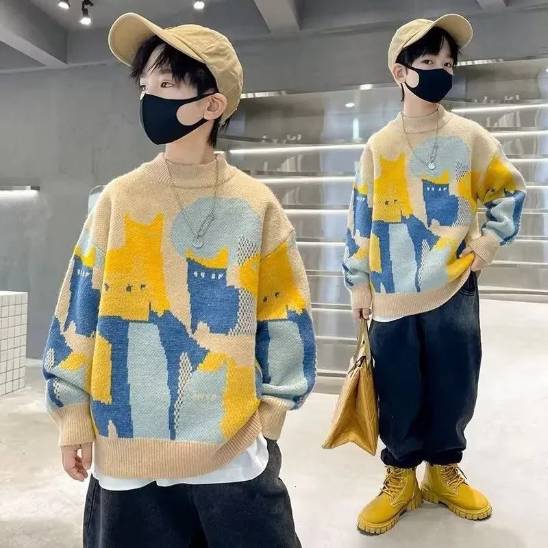 

Baby Girl Boy Knitted Long Sleeve Sweater Solid Loose Pullover Casual Tops Kids Clothes 5-13Y Children's Winter Warm Sweaters