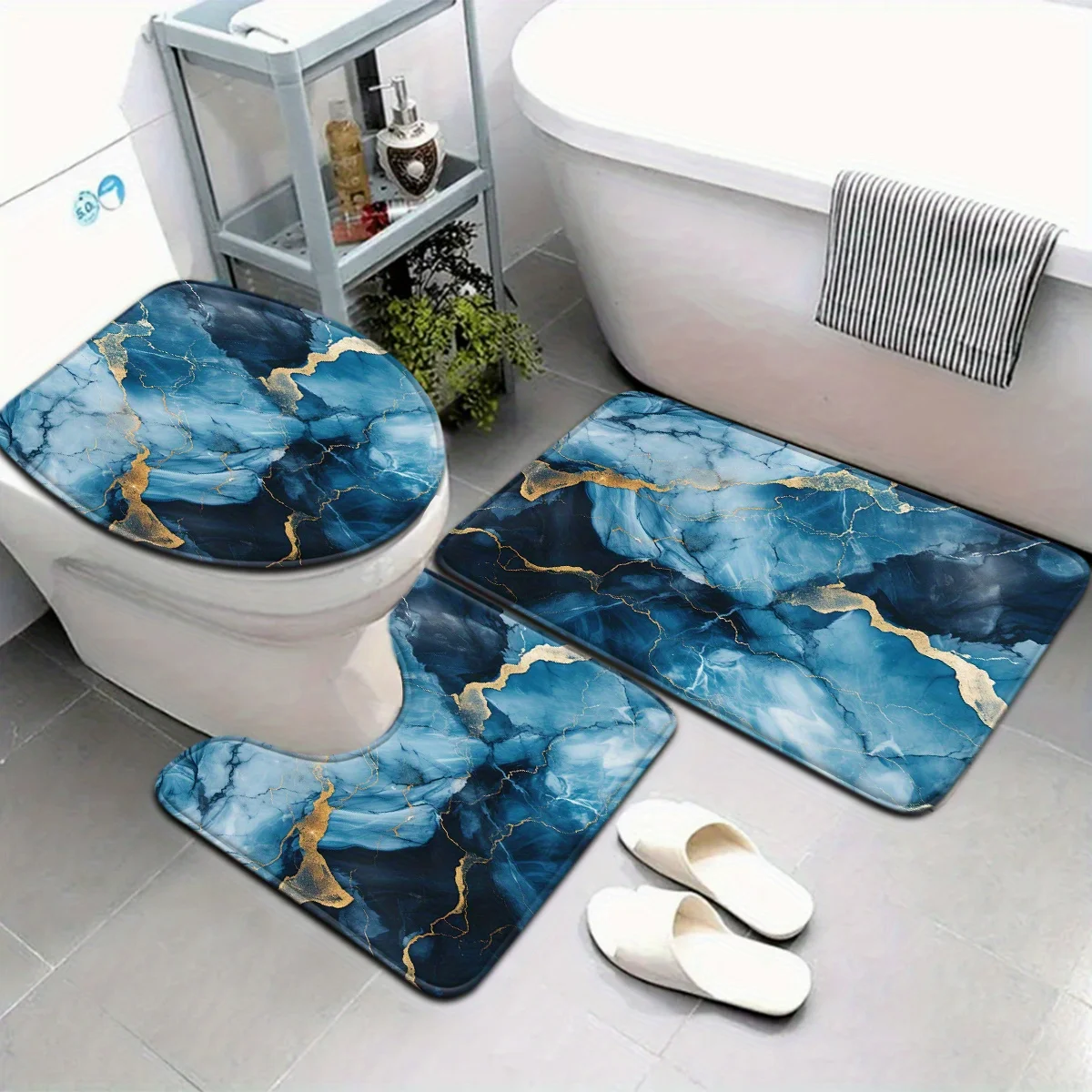 

Набор из 3 предметов, мраморная серия с 3D принтом, небесно-голубой, зыбучий песок, золотой узор, набор ковриков для ванной комнаты, крышка унитаза, U-образный коврик для ног