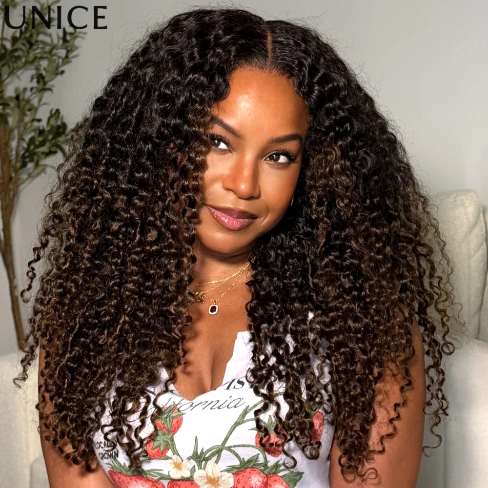 

UNice Burmese Curly Human Hair Wig With Finger Coil Ends 7x5 Bye Bye Slip™ Black to Chestnut Brown Ombre Glueless Wig