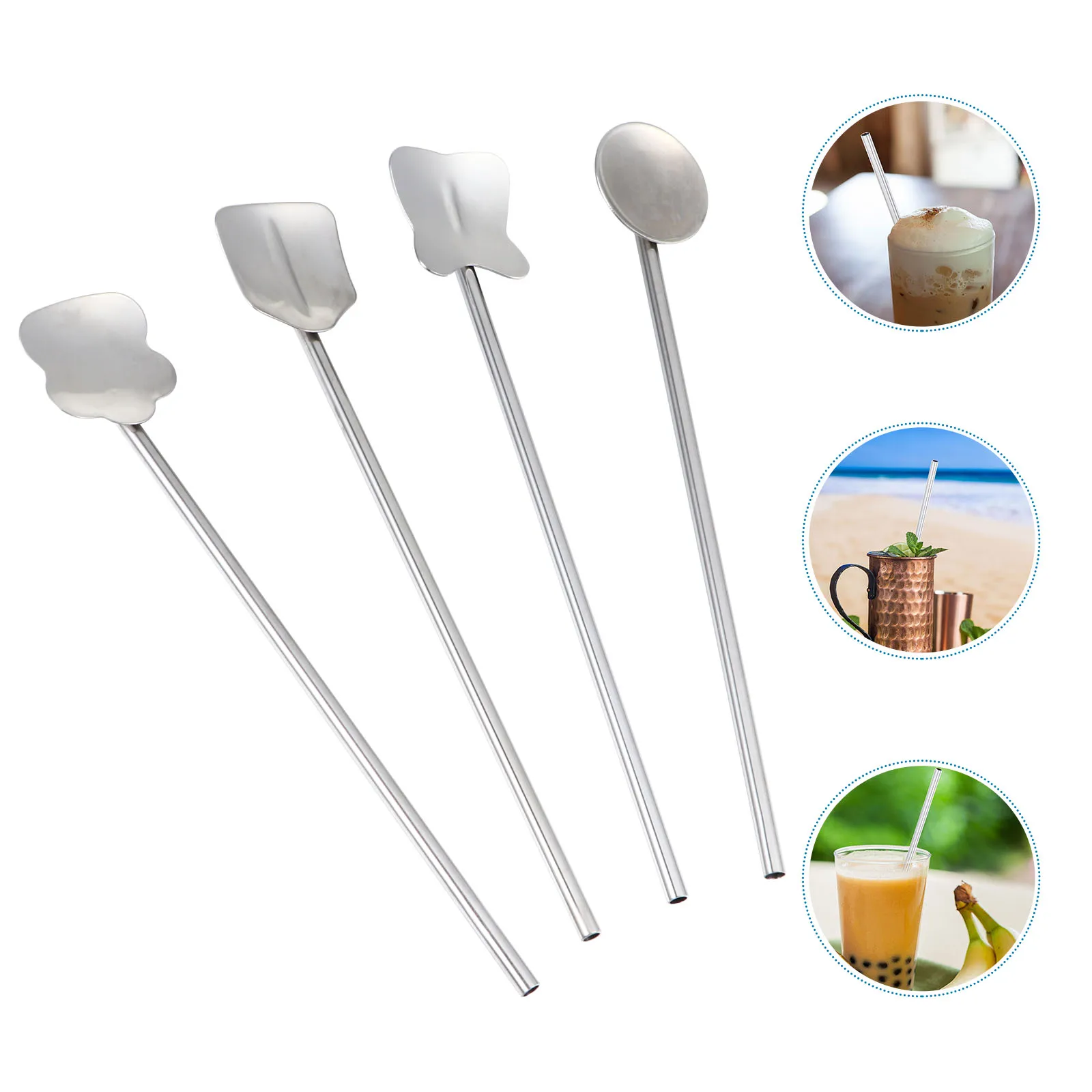 

4Pcs Stainless Steel Straw Spoon Multifunctional Long Mixing Spoon for Coffee Dessert Bar Home Use Swizzle Sticks